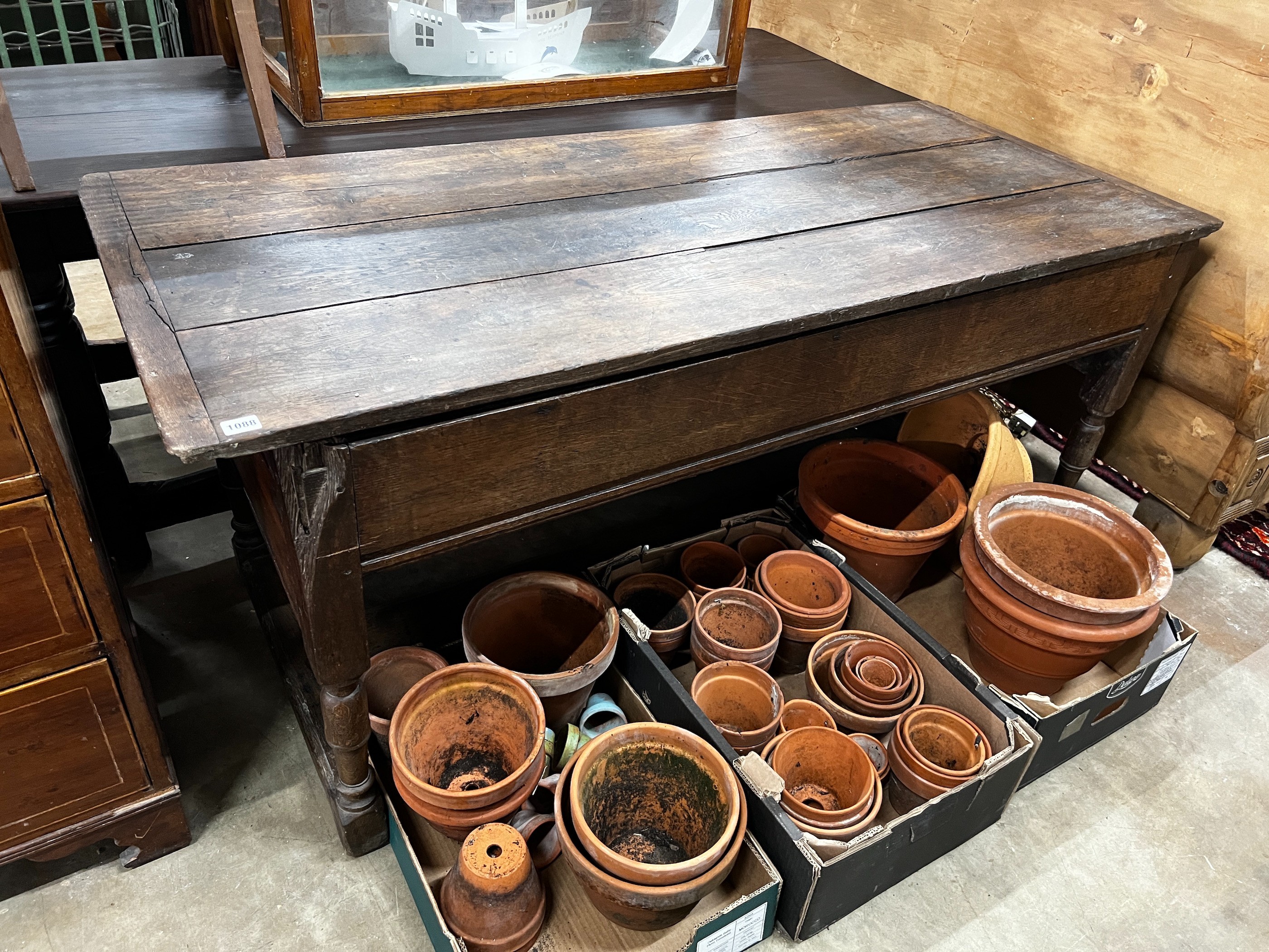 A 19th century French rectangular oak dough trough table, width 158cm, depth 67cm, height 71cm